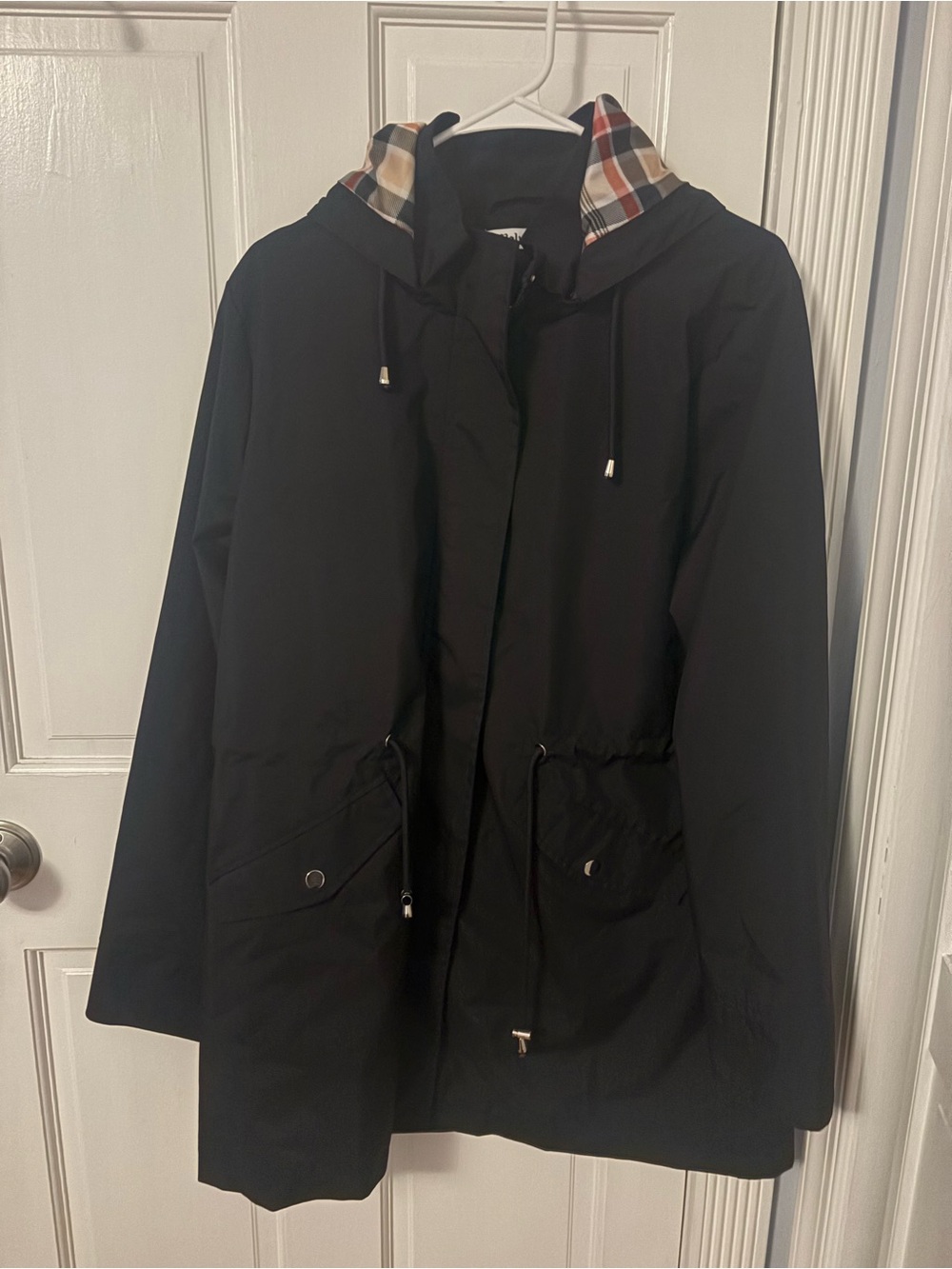 Black Hooded Rain Jacket with Plaid Lining